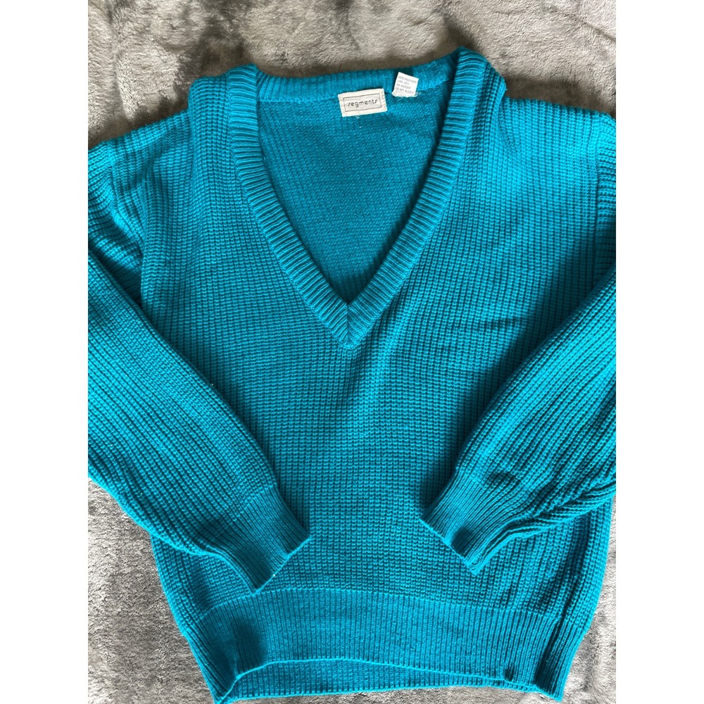 Segments Vintage Turquoise Blue V-Neck Shaker Knit Sweater Chunky Womens Large